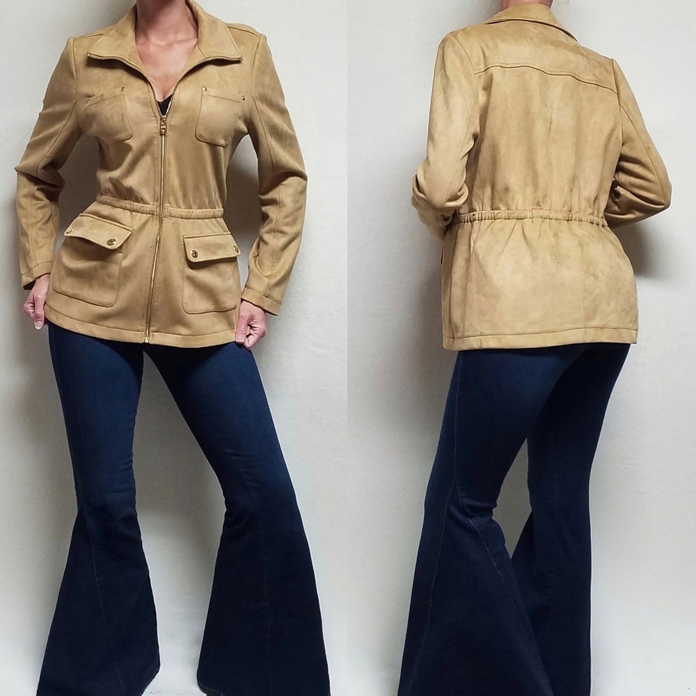 Marc New York Tan Faux Suede Full-zip Fitted Waist Utility Jacket Cargo Jacket M